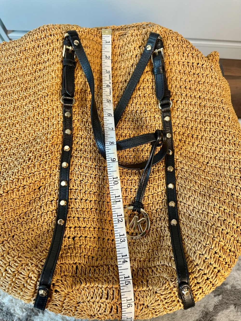 Michael Kors Mustard Yellow Woven Tote with Black Trim - Picture 12 of 14